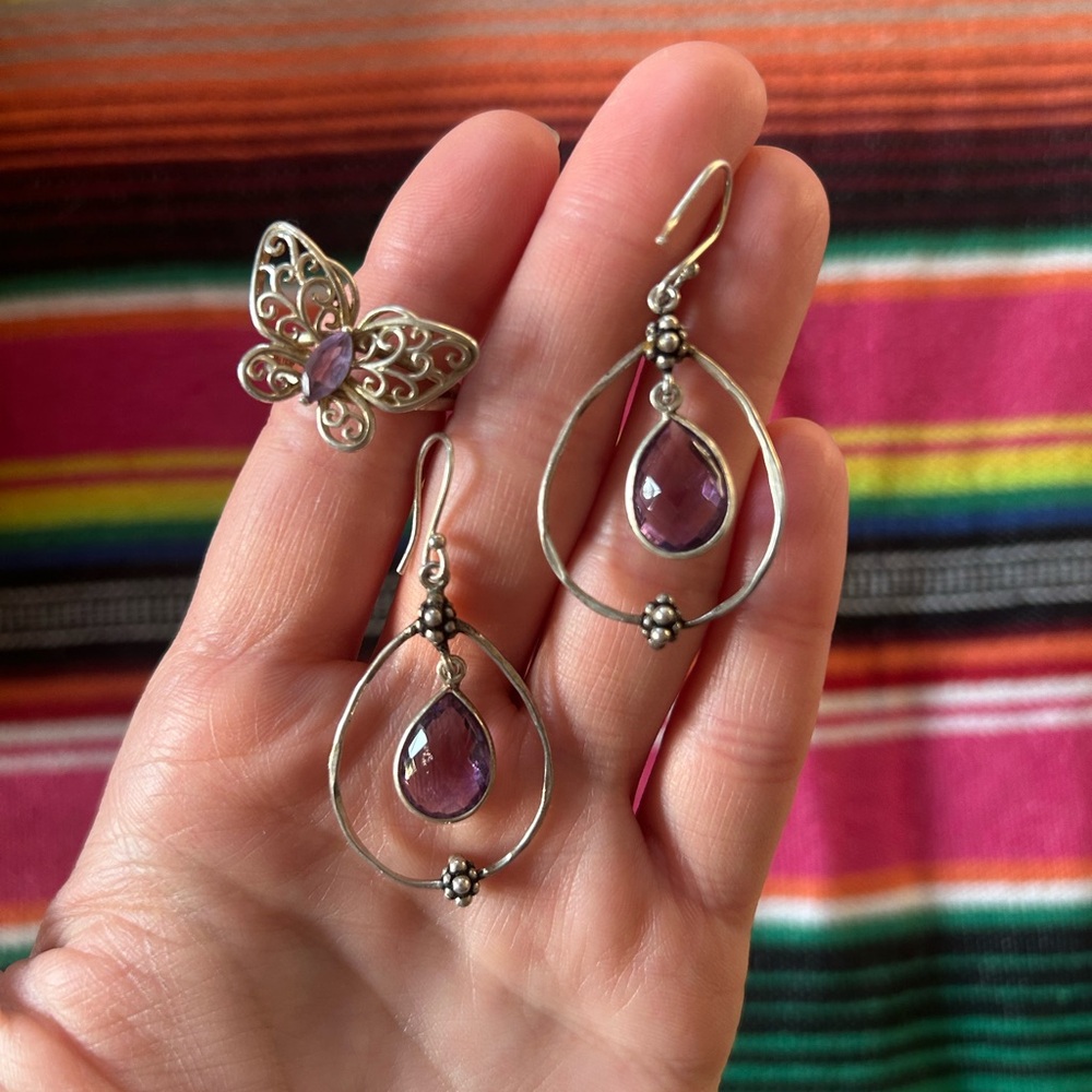 2PC SET 925s Silver Amethyst Butterfly ring SIZE: 8